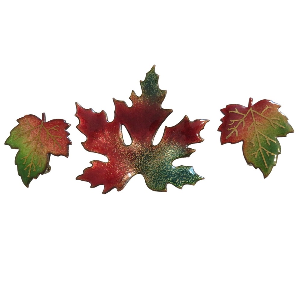 Vintage Leaf Brooch and Matching Clip‎ On Earrings Set Autumn Colors Enamel